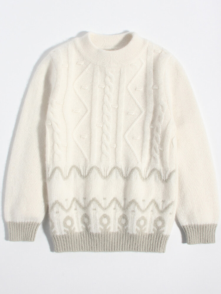 Kids Soft White and Grey Nordic Cable Pattern Cashmere Sweater